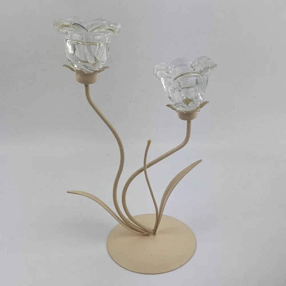 VTG Metal & Glass Floral Candle Holder 12”